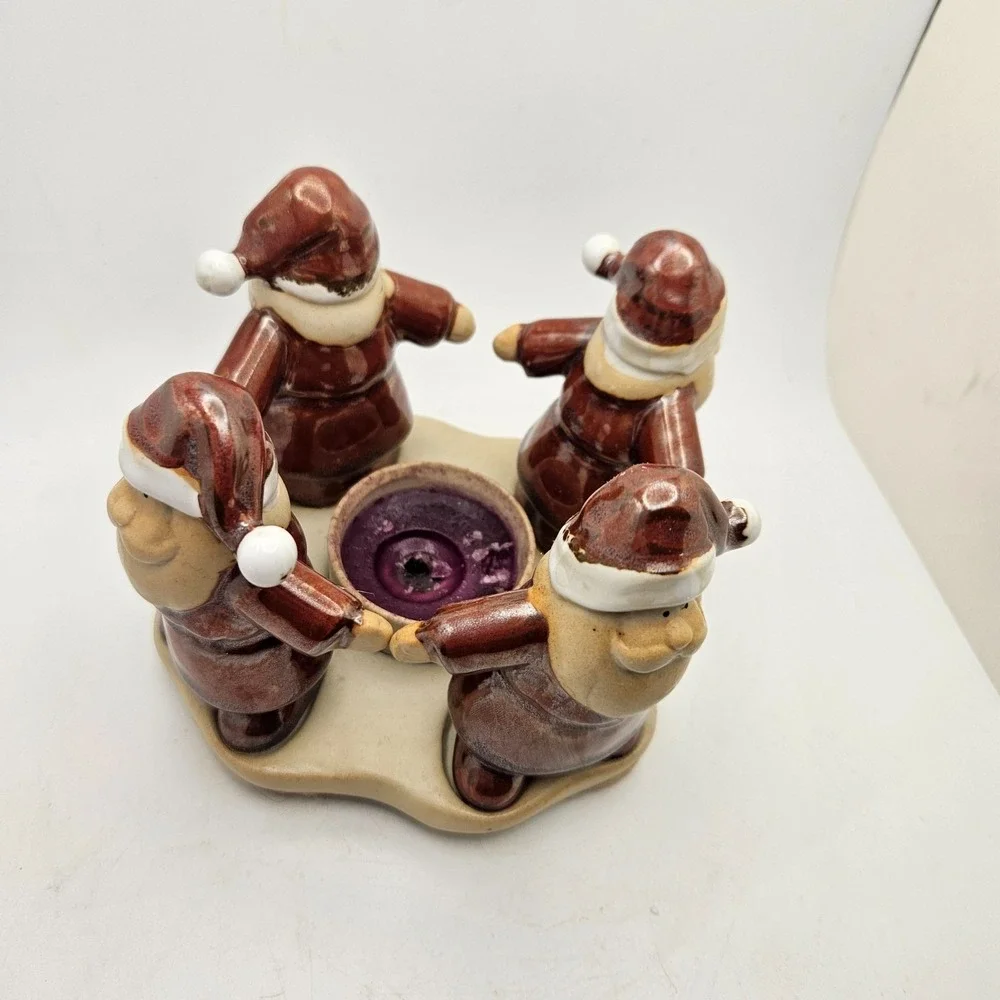 Vintage Santa Tea Light Holder Ceramic 4 Dancing Santas Christmas Decor w/ Box
